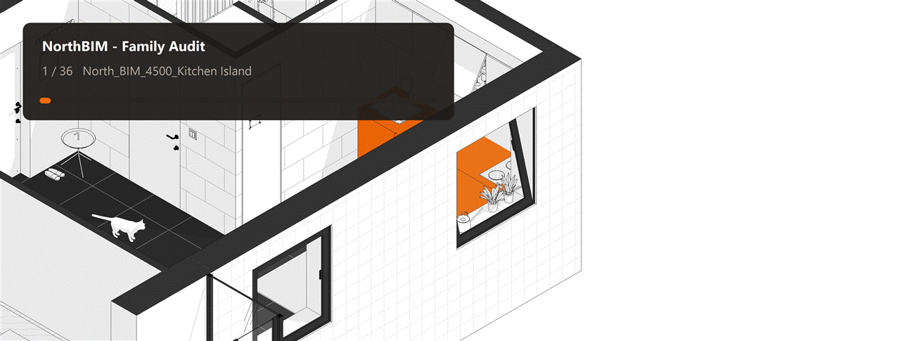 Family audit tool running on the Revit main thread with progress displayed on a separate UI thread